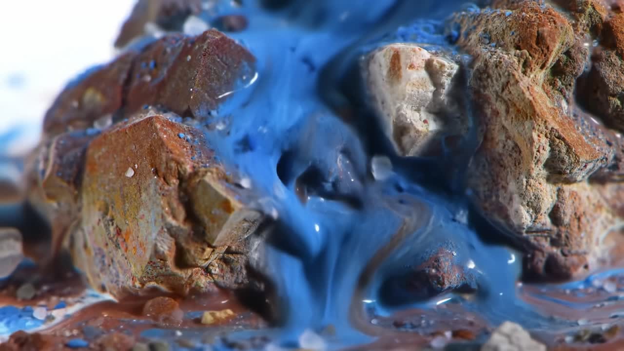 Captivating Transformation of Colorful Mineral Formations Under Unique Lighting: A Close-Up Exploration of Intricate Textures and Fluid Dynamics