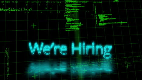 we''re hiring text animation over green coding and grid background