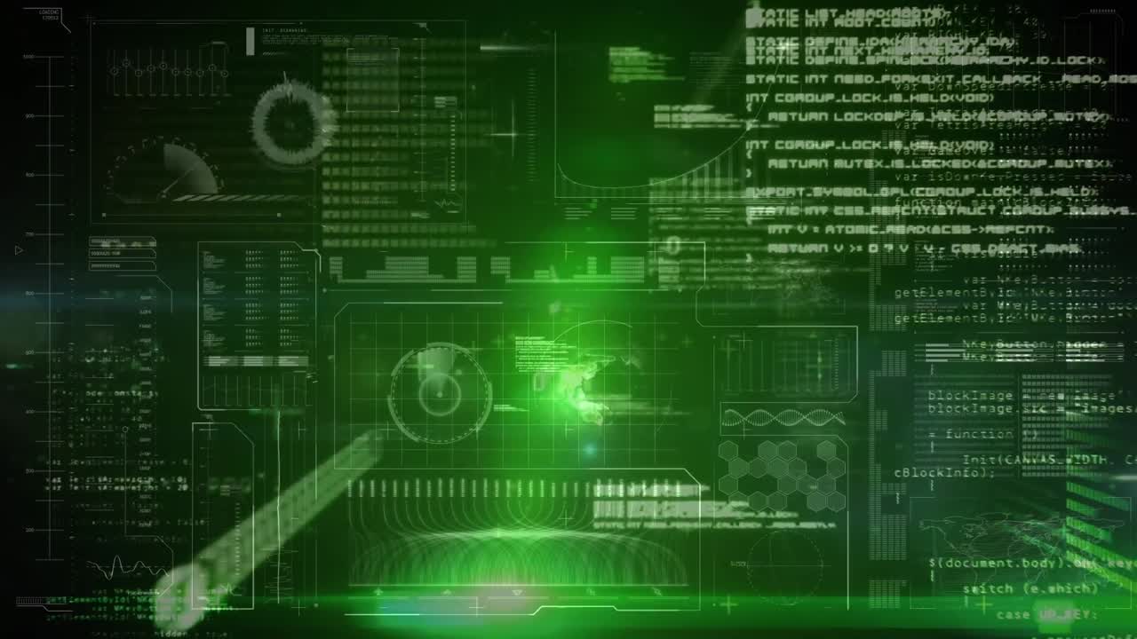 Animation of interface with data and information processing over glowing green light