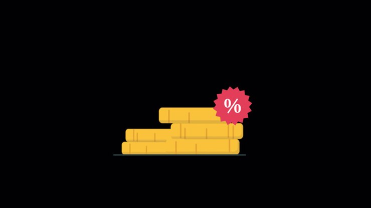 Pila animata di monete d'oro con simbolo di sconto percentuale