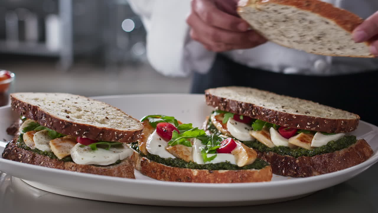 Cheff adds cherry tomato and finishes a chicken sandwich in slow motion