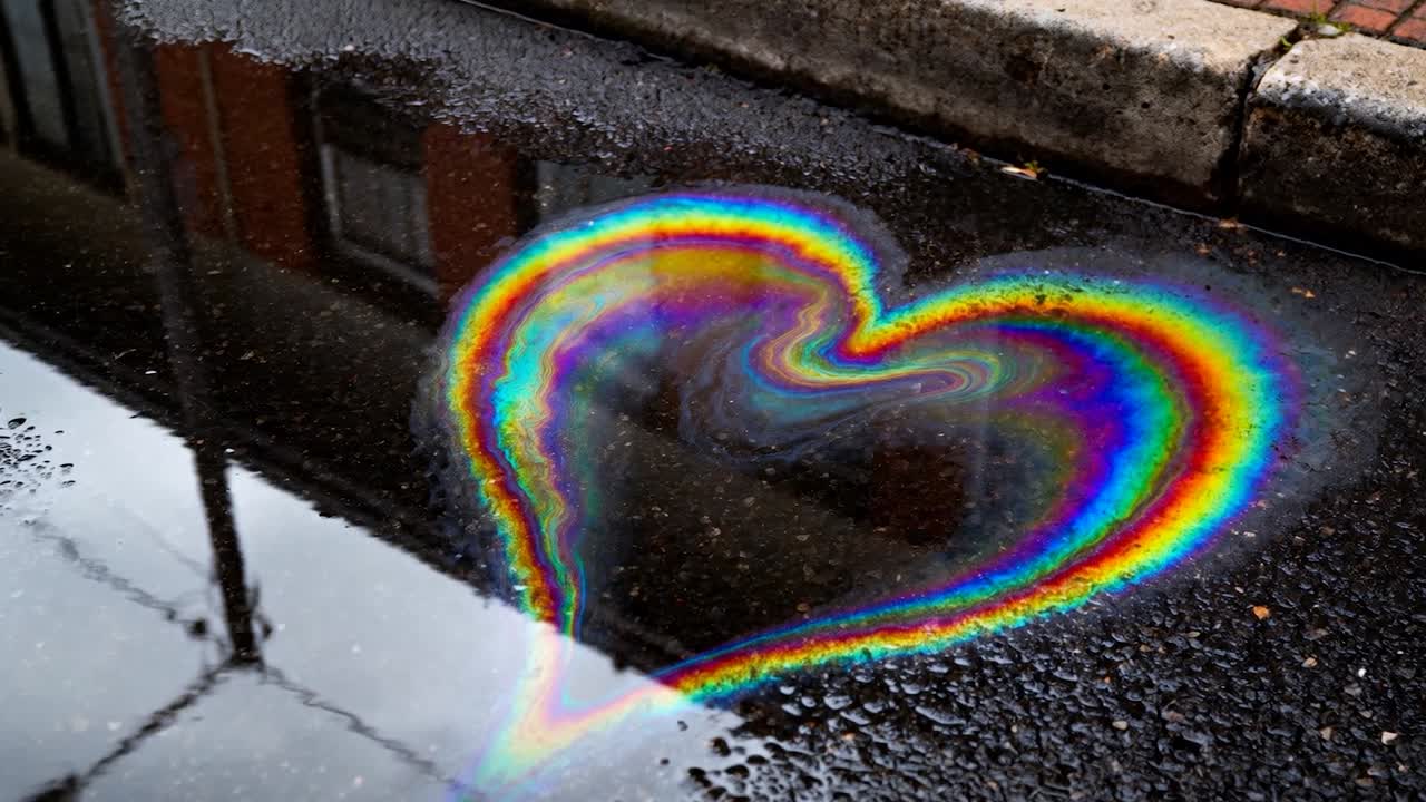 Piccole gocce che cadono, una pellicola d'olio a forma di cuore che vortica sul bordo bagnato, bande cangianti dell'arcobaleno
