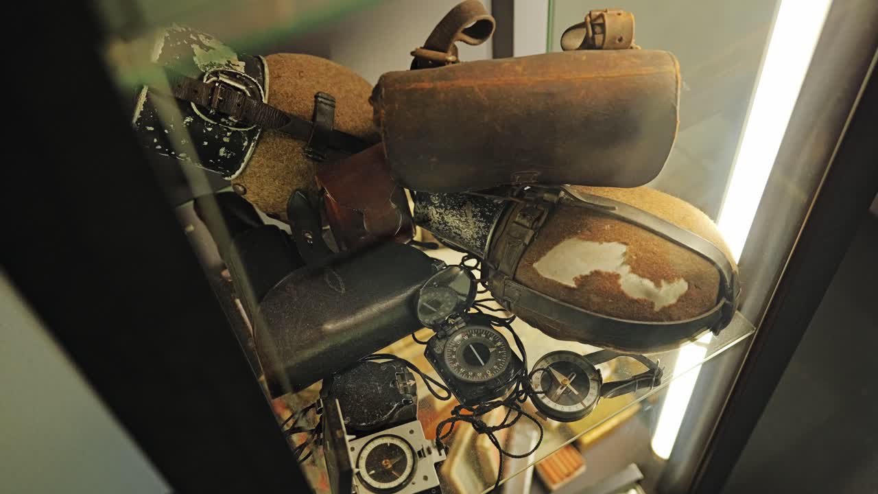 Vintage Compasses and Canteen in Glass Case