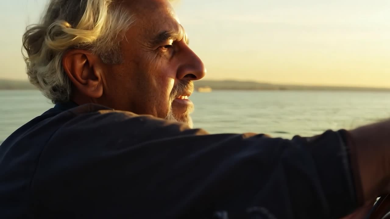 Uomo anziano su una barca che si gode un tramonto sereno.