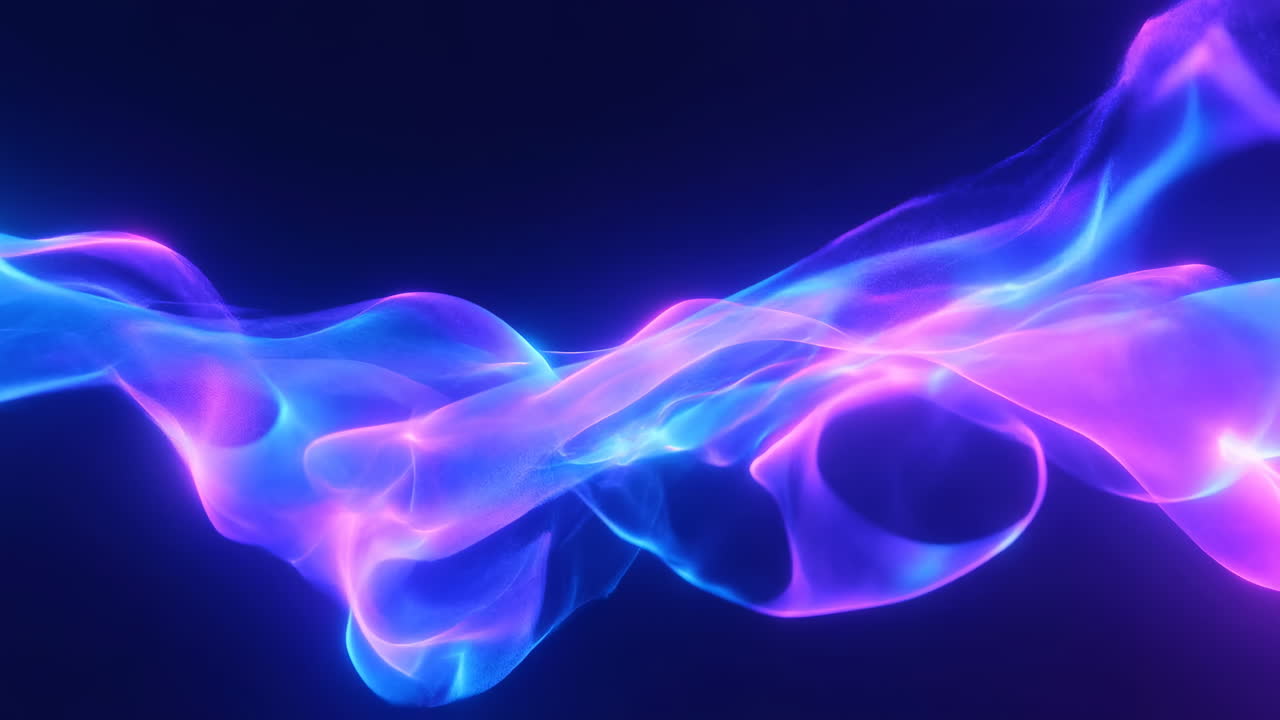 Electric Neon Smoke Ribbon Twisting Across Dark Background, Pulsing Blue And Magenta Plasma Forms Creating
