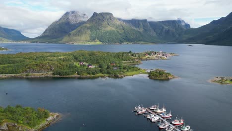 austnesfjorden at summer in lofoten islands, norway, scandinavia - aerial 4k