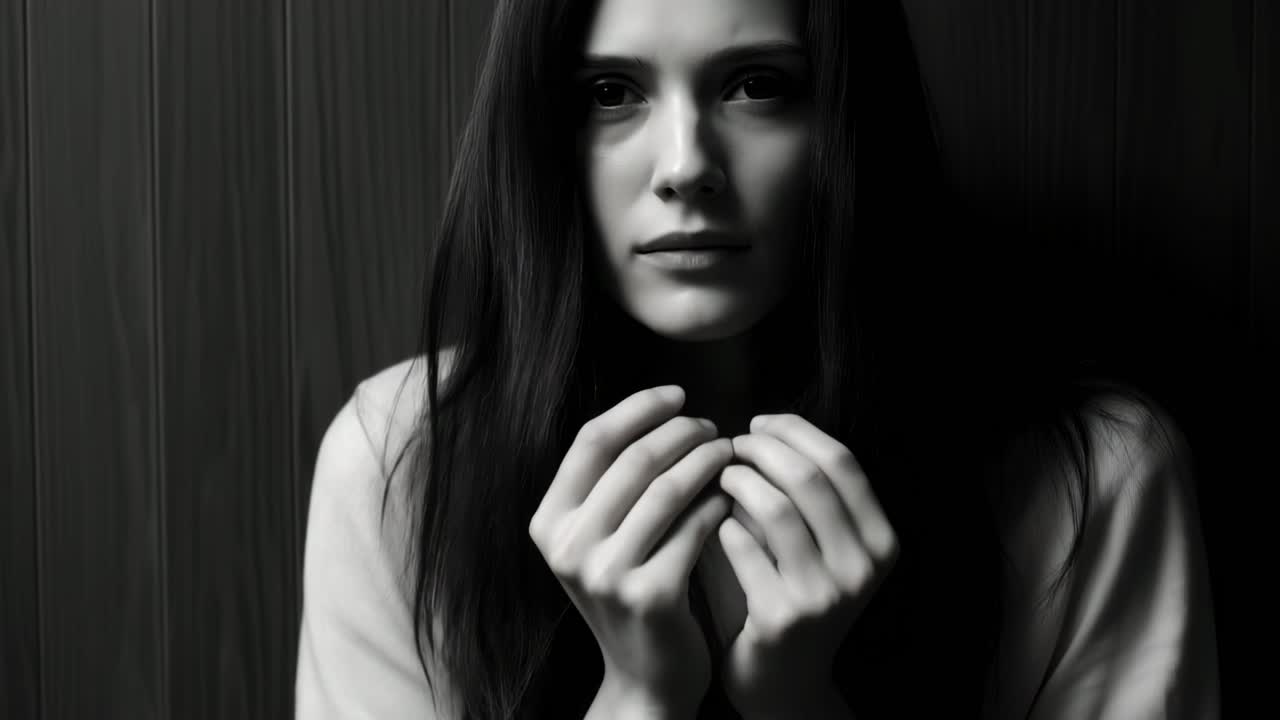 Dramatic video concept in black and white, capturing a close-up, side angle of a person with hands