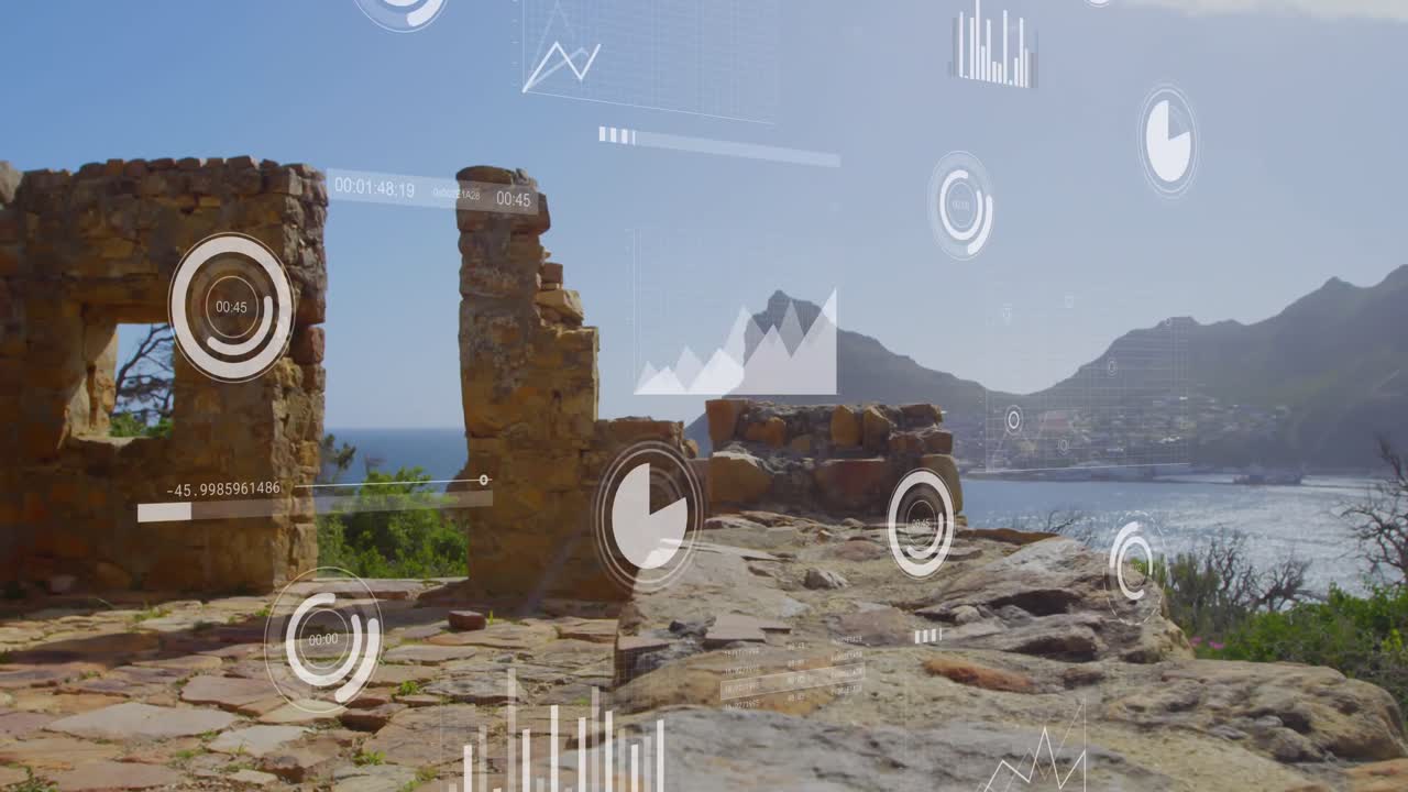 анимация обработки данных на фоне форта и моря.