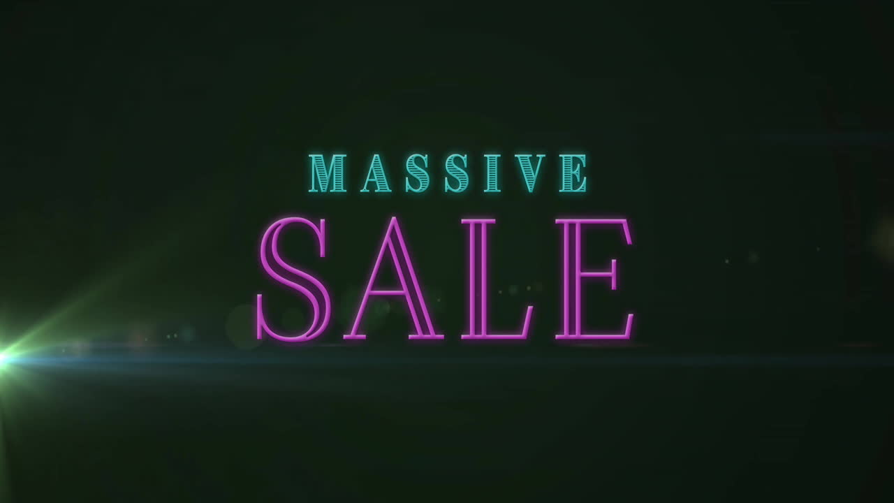 Animation of neon massive sale text over glowing light on black background