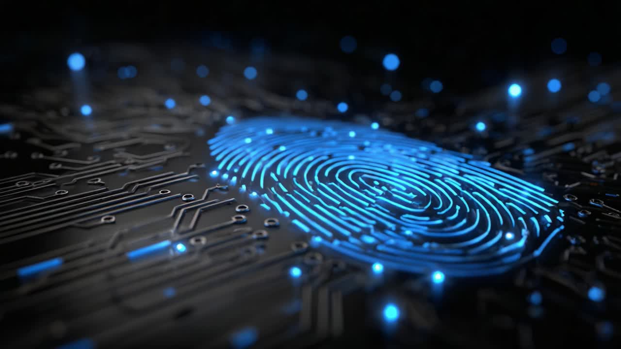 A Detailed Visualization of a Digital Fingerprint Set on a Complex Circuit Board Background, Representing Innovative Technology and Unique Identity Verification Concepts