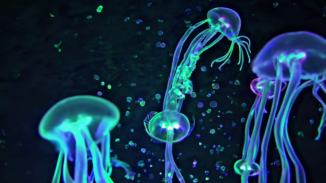 Underwater video of glowing jellyfish in neon colors, captured from a side angle