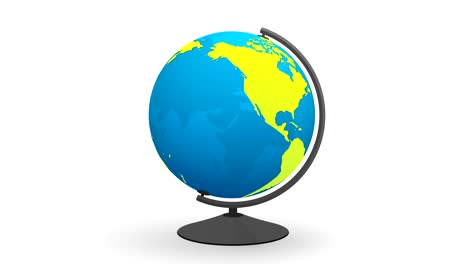 globe on white desktop - transparent model of blue planet earth with green world map rotating around axis