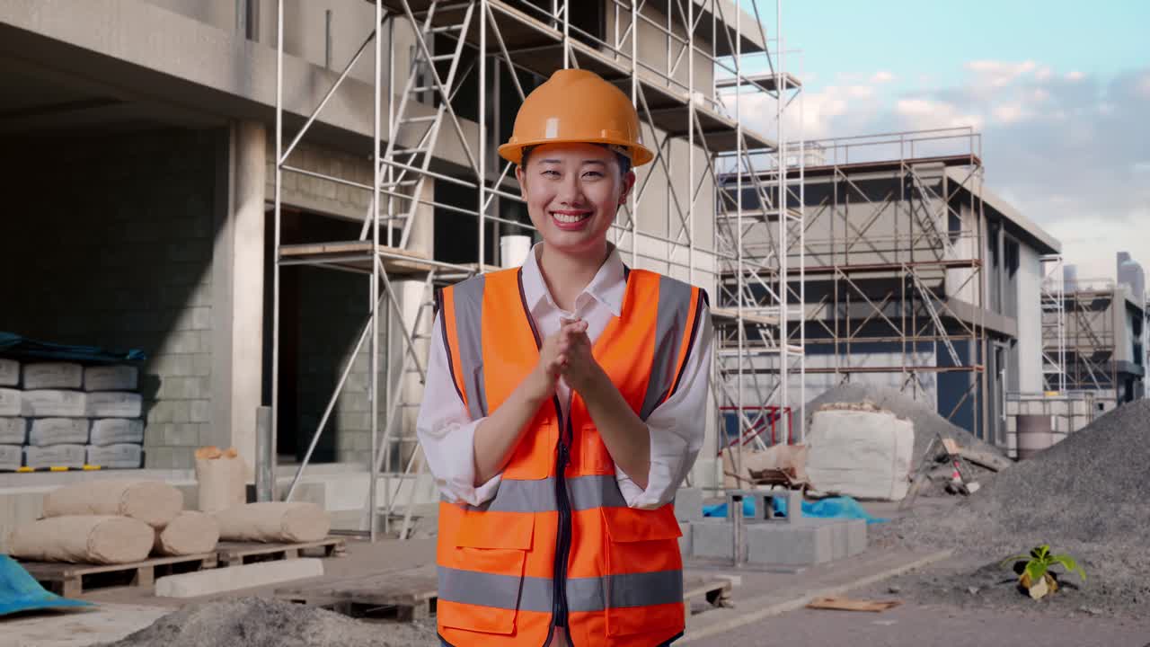 Asian Female Engineer With Safety Helmet Smiling And Clapping Her Hands While Standing At Construction Site in Progress to New House