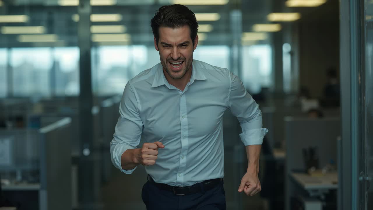 Charging man after glass door opening, running into office, pumping fists, wearing light blue shirt
