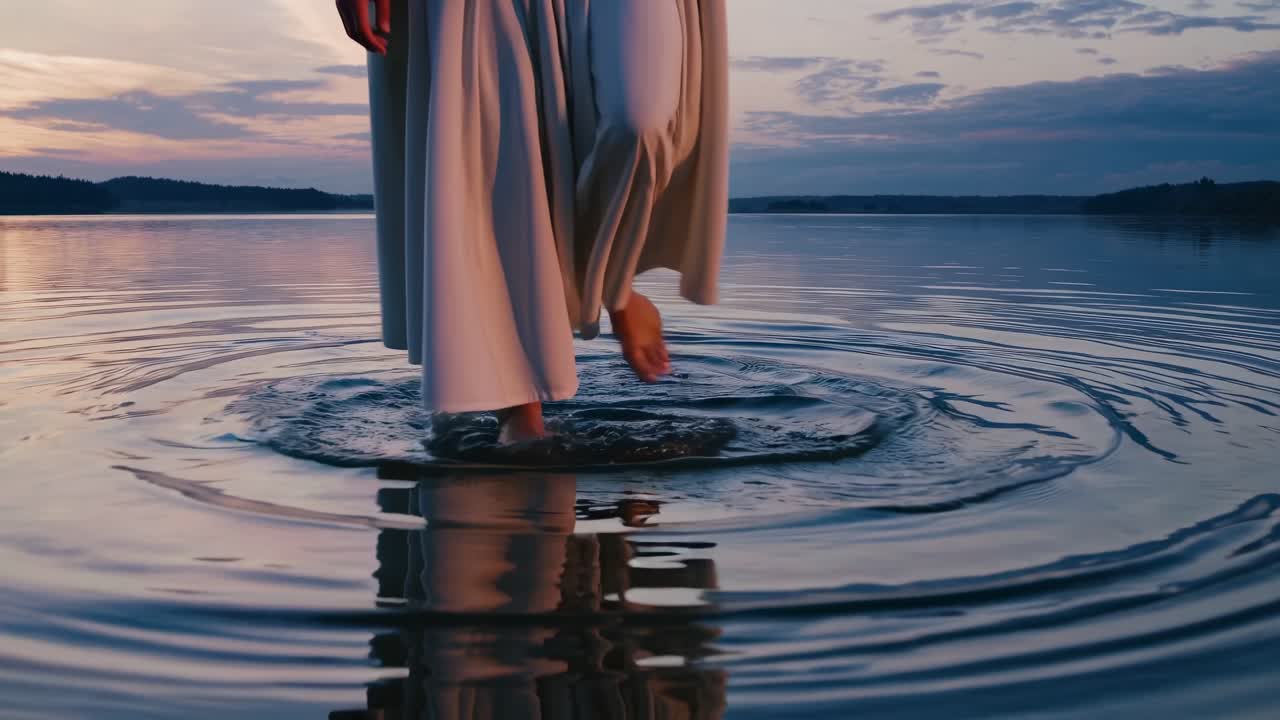 Woman in flowing white dress walks barefoot through tranquil water, creating ripples and reflections, capturing serene movement and natural beauty in a peaceful setting