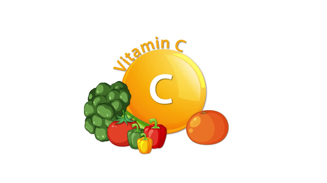 Animated sequence shows a Vitamin C icon as fruits and vegetables appear around it, highlighting sources like broccoli, kiwi, bell pepper, and orange on a white background