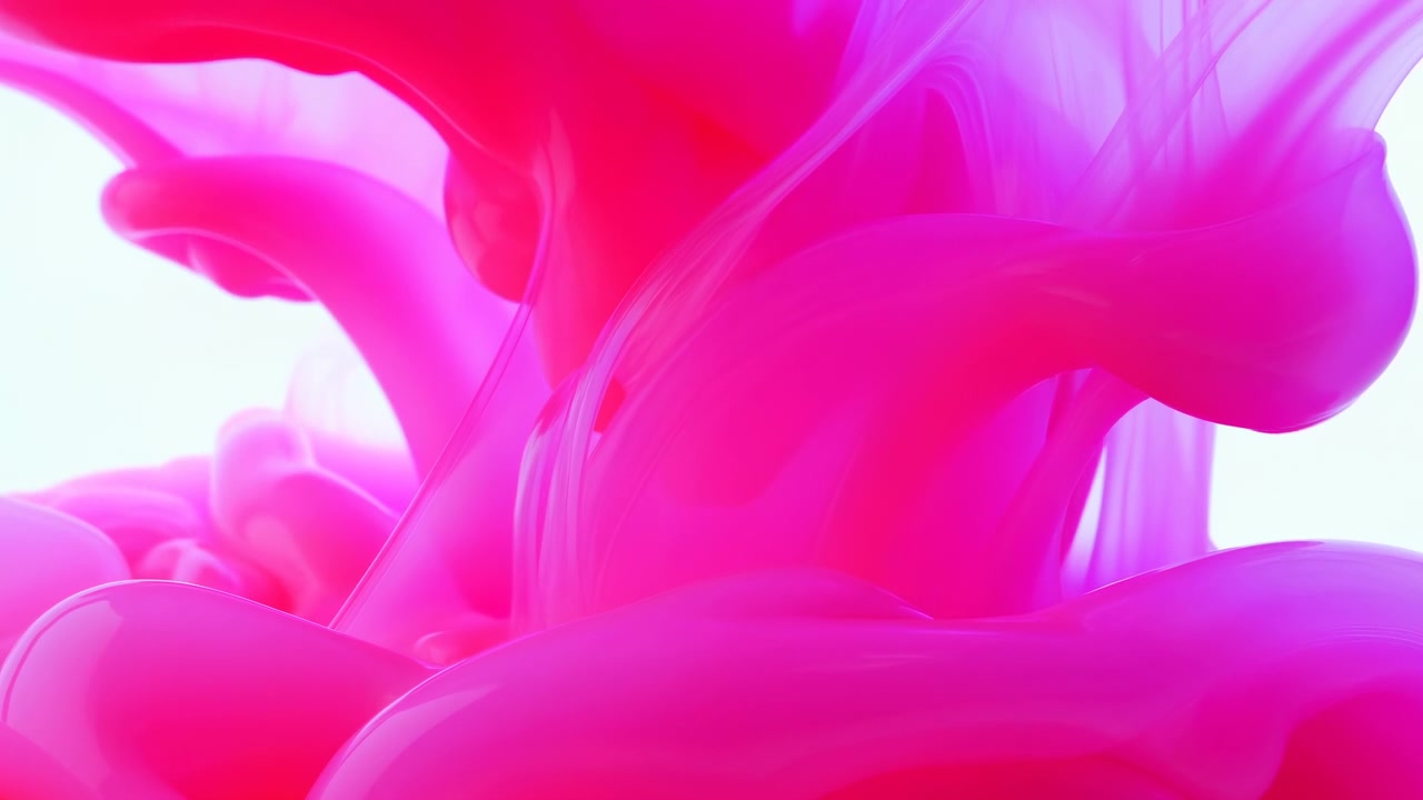 Dense pink and violet liquid swirls gradually reshape through the frame, with translucent sheets, curved tendrils, smooth rounded folds, and bright white areas creating layered depth.