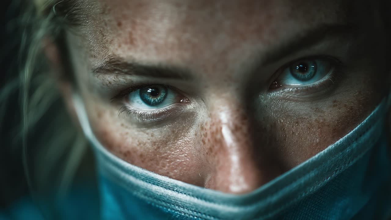 Intense Close-Up of a Person Wearing a Mask, Capturing Emotion and Intrigue in Their Eyes, Highlighting Details Like Freckles and Subtle Expressions