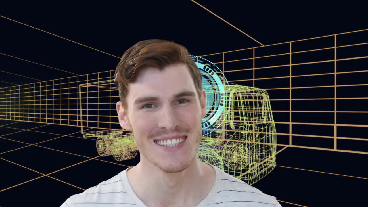 animación de un hombre de negocios sobre el reloj y modelo de dibujo 3d de un camión y una cuadrícula