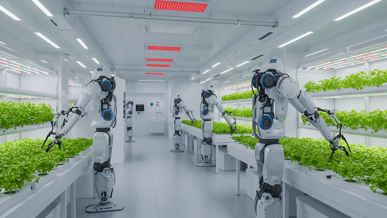 Innovative Robotics in Agriculture: Advanced Robots Cultivating Hydroponic Lettuce in a High-Tech Indoor Farm Environment with Automated Systems