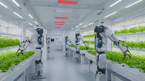 innovative robotics in agriculture: advanced robots cultivating hydroponic lettuce in a high-tech indoor farm environment with automated systems