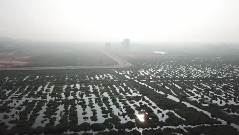 Aerial-view-wetlands-and-the-development-of-city-Batu-Kawan,-Penang,-Malaysia.