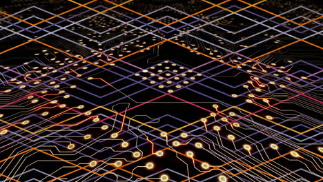 animación de una placa de circuitos de computadora sobre formas en fondo negro