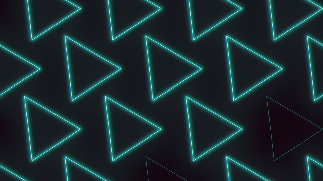 Glowing neon play button triangle pattern background, futuristic tech interface