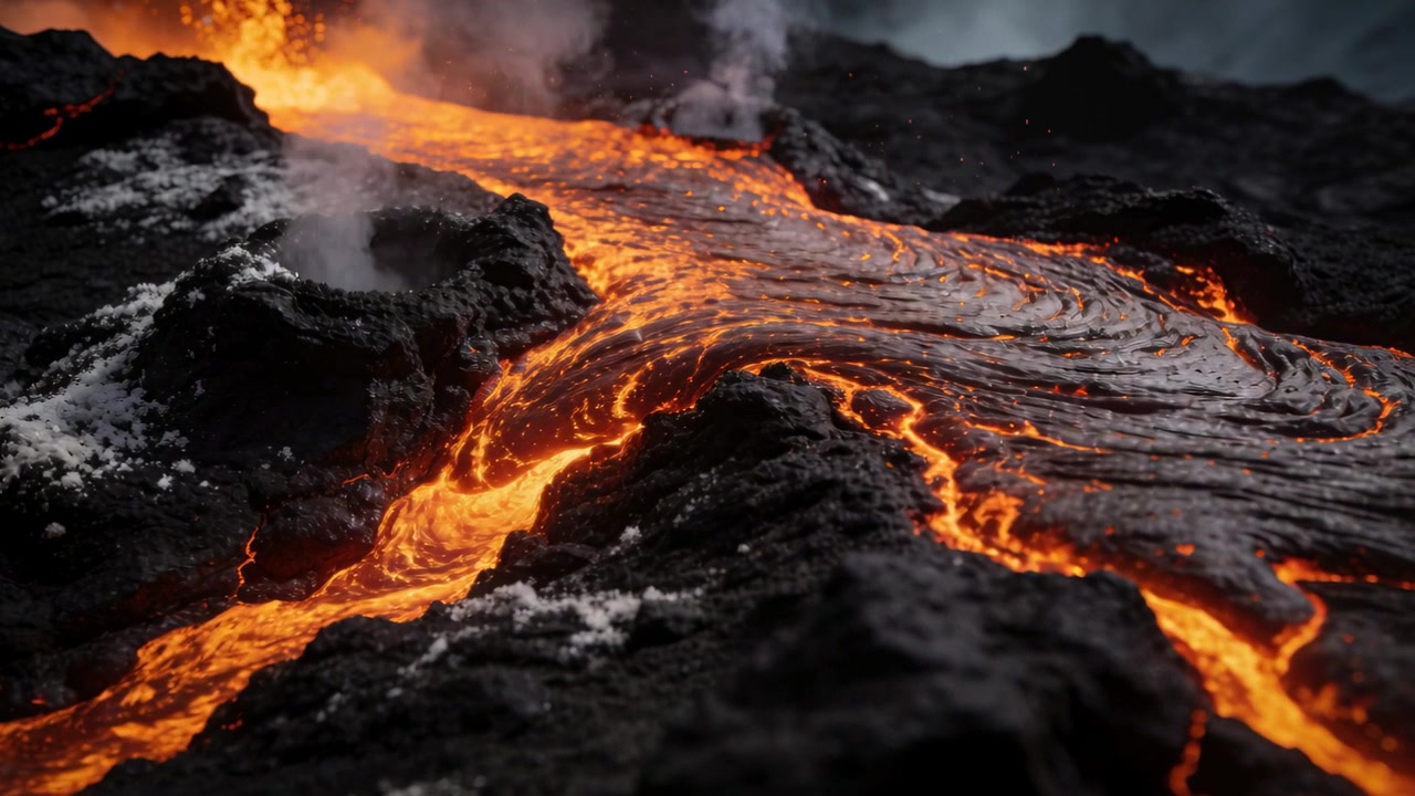 Un canale di lava che emerge da una fessura in alto a sinistra e scorre su roccia scura su un campo lavico, fumante e che si incrosta.