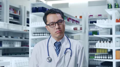 薬局に立っているステトスコープを持った疲れたアジア人男性医師のクローズアップ