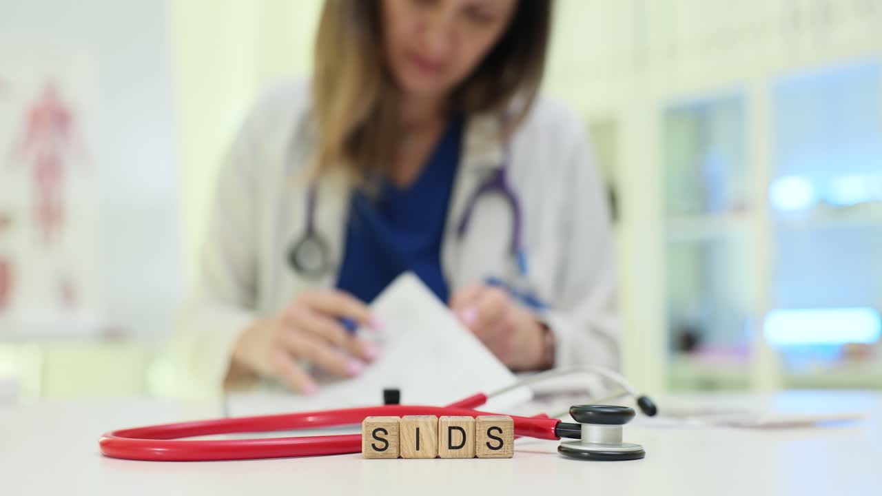Bloques de madera forman la abreviatura sids mientras una doctora escribe notas