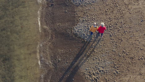 disparo de avión no tripulado de una pareja mayor tomados de la mano mientras caminan a lo largo de la costa en vacaciones de playa de invierno