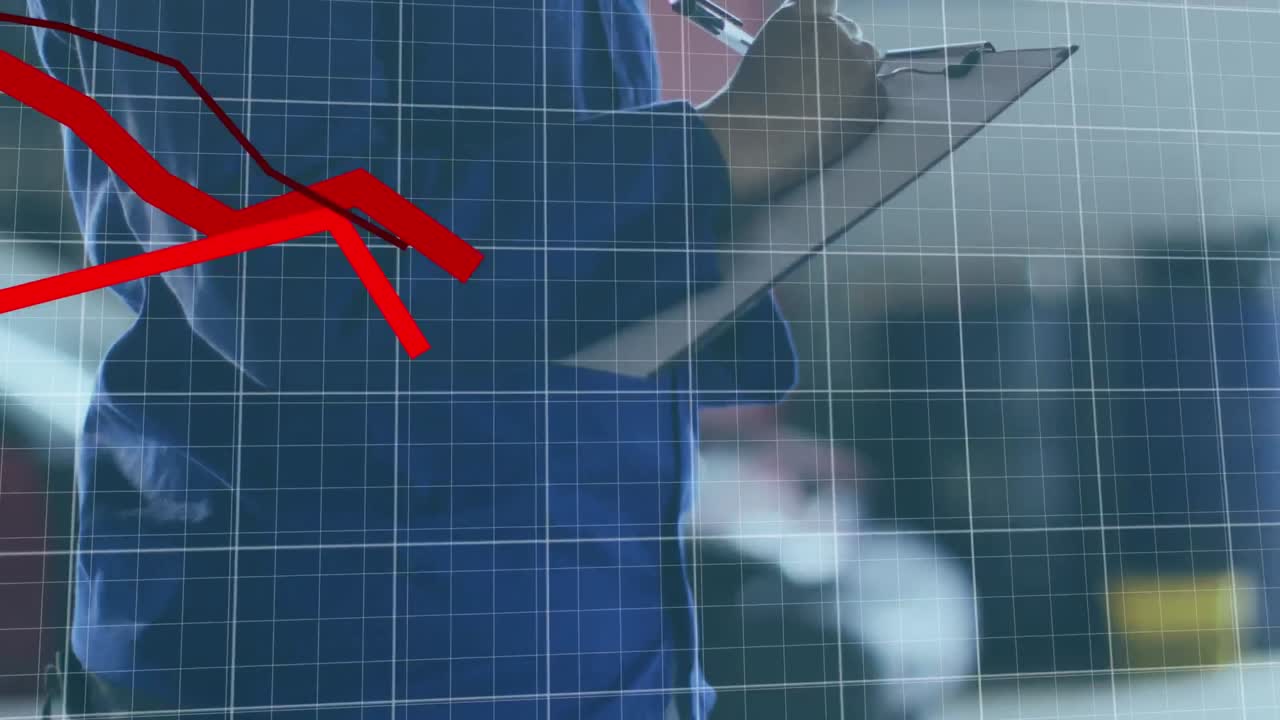 Animation of financial data processing over caucasian man holding clipboard and writing