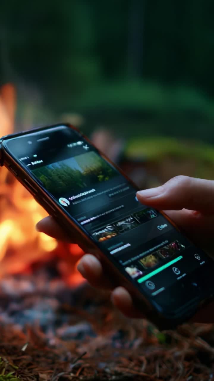 A cozy campfire atmosphere is illuminated by warm flames as a hand holds a smartphone displaying engaging content, combining the charm of nature with modern technology in a serene outdoor setting