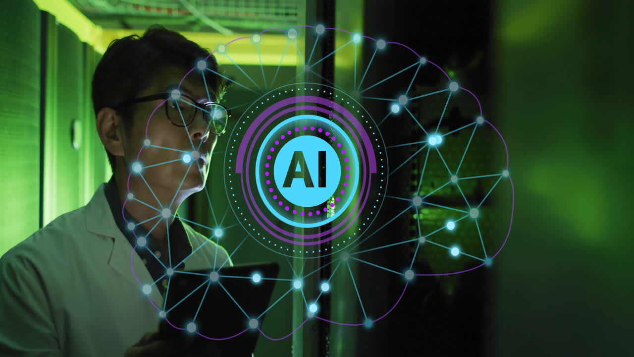 Animation of circular ai scanner and brain network over asian male technician in server room