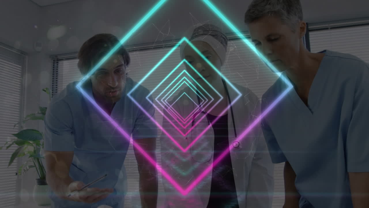 Animation of shapes over diverse doctors using laptop