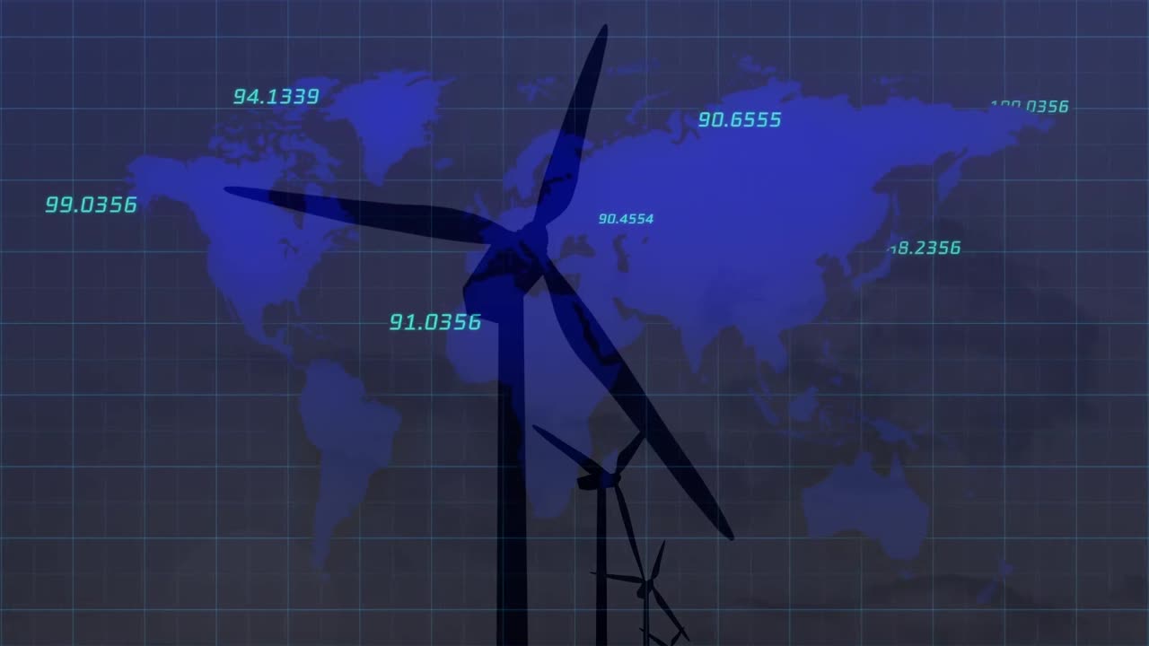 세계 지도와 풍력 터빈에서 변화하는 데이터 처리 숫자의 애니메이션
