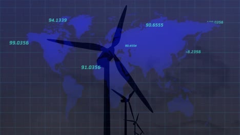 Animation-of-data-processing-numbers-changing-over-world-map-and-wind-turbines