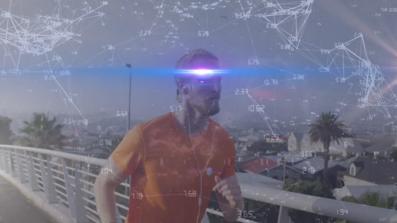 animación de la red de conexiones sobre el hombre caucásico corriendo