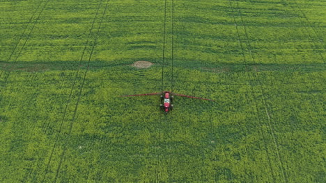 tractor rociando fungicida en canola en campo verde, disparo de drones