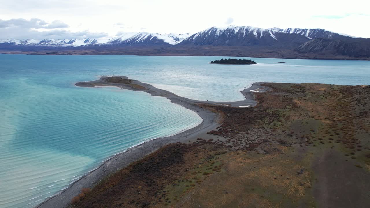 Motuarikade Island And Lake Tekapo In South Island, New Zealand - Aerial Shot