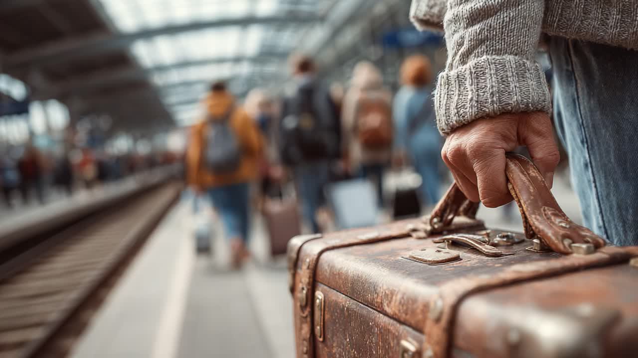 A traveler with a vintage suitcase waits at a bustling railway station, surrounded by a crowd of fellow passengers eager to embark on their journeys