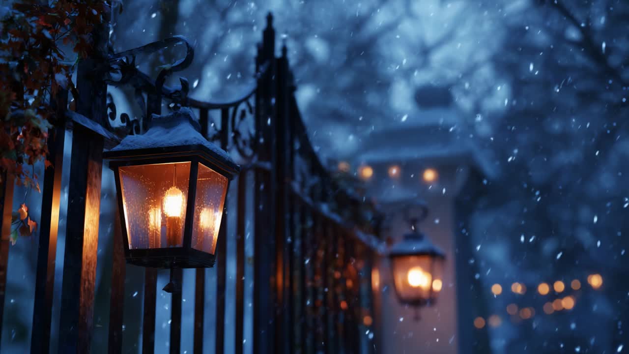 Magical Snowy Night Scene with Lanterns Illuminating a Beautifully Designed Gate Surrounded by Falling Snowflakes and a Soft Winter Glow Creating an Enchanting Atmosphere of Tranquility