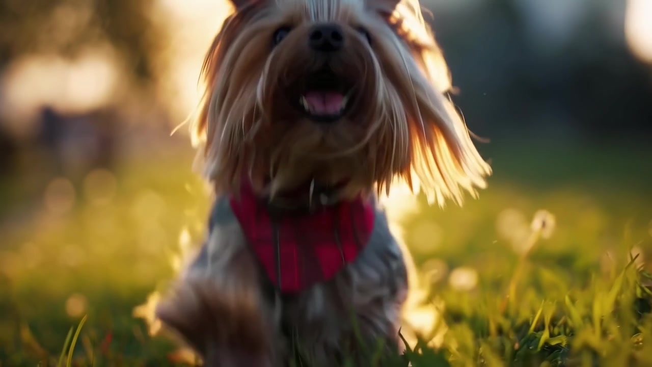 Felice cane Yorkshire Terrier che corre nell'erba verde e soleggiata