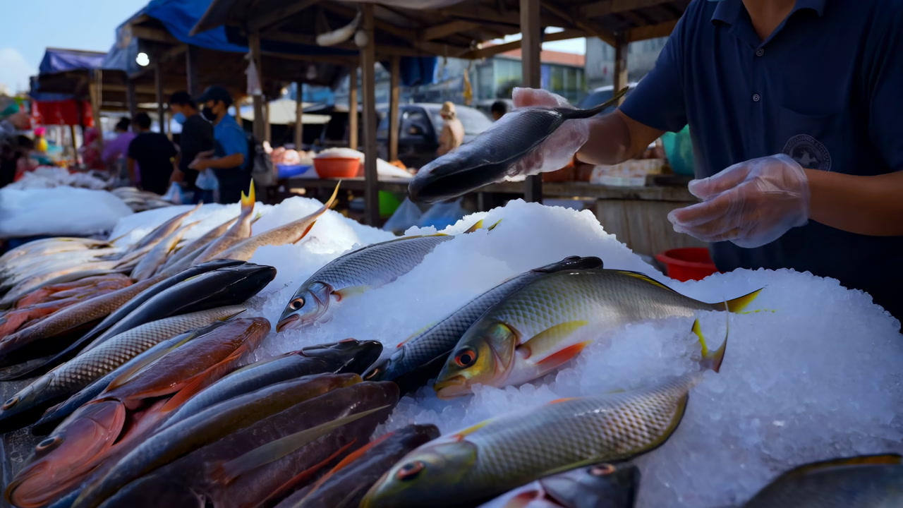 Fresh Fish On Ice Market, Vendor Wearing Gloves Arranges Colorful Catch On Wooden Stall, Variety Of Fish Lined