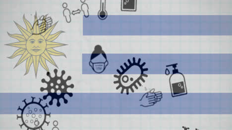 animación de células del virus covid 19 e iconos digitales sobre la bandera de uruguay
