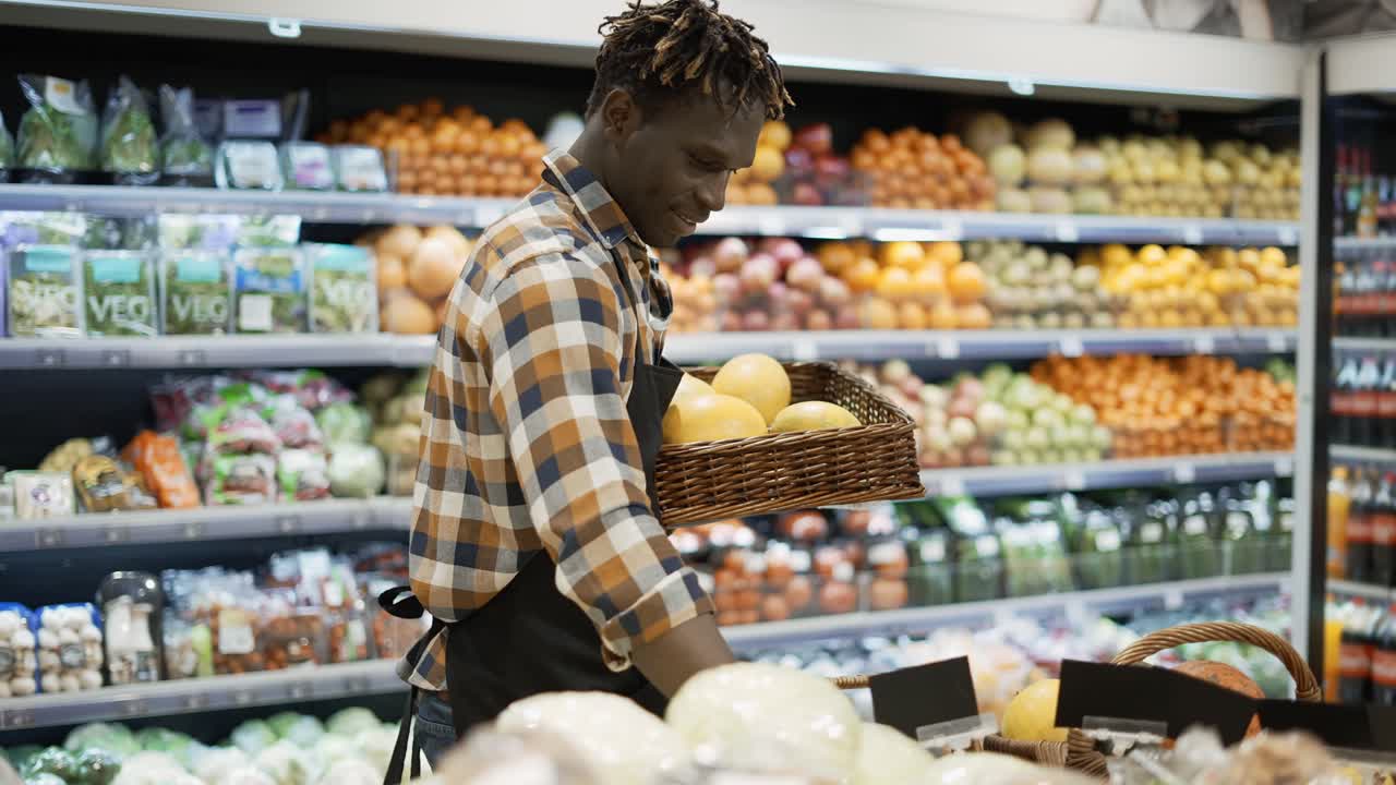 Funcionário de supermercado reorganizando prateleiras na seção de frutas.