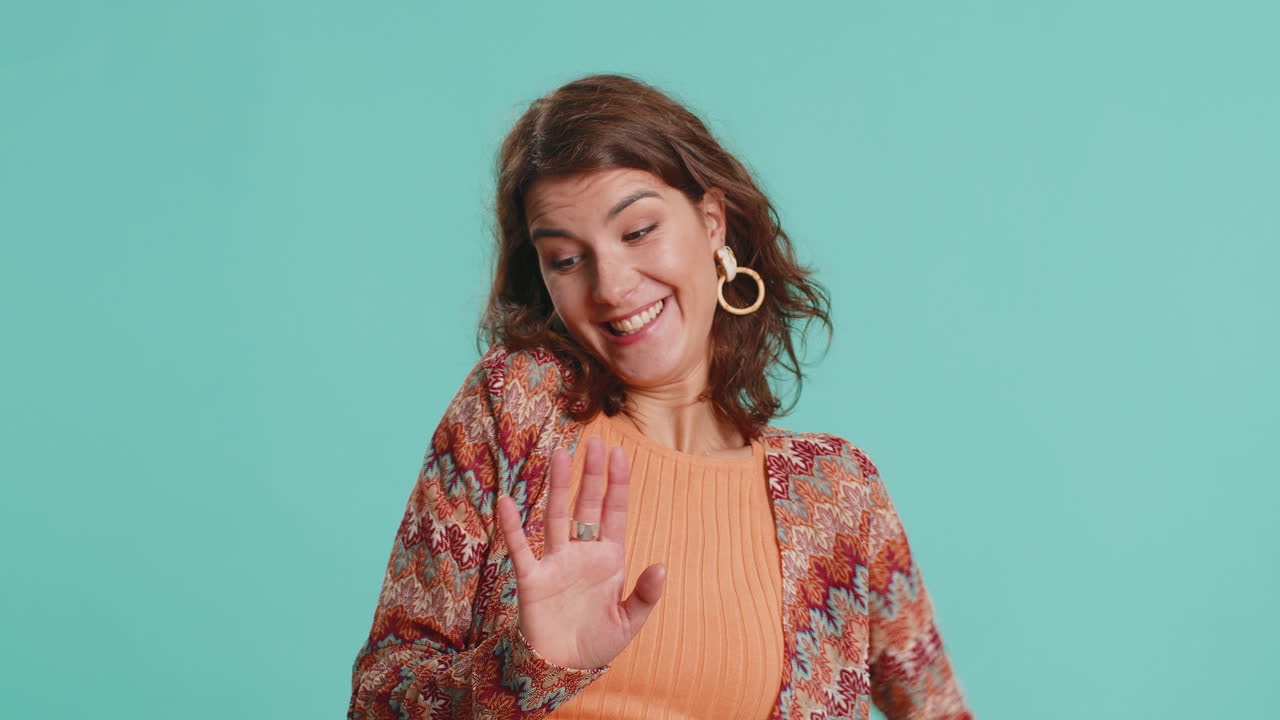 Confused puzzled caucasian woman pointing fingers herself says that she is not to blame guilty