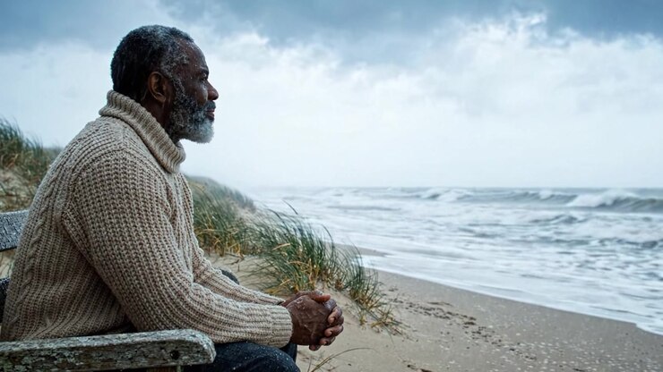 A Contemplative Elder Sits Alone on the Shore, Gazing at the Overcast Ocean Waves, Reflecting on Life's Journey Amidst a Stormy Seaside Atmosphere