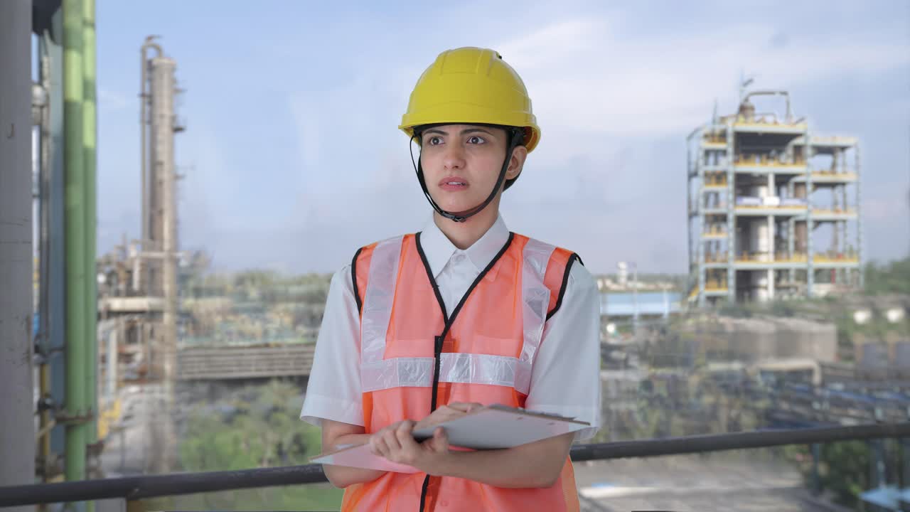 arquitecta india confundida tomando notas en el edificio